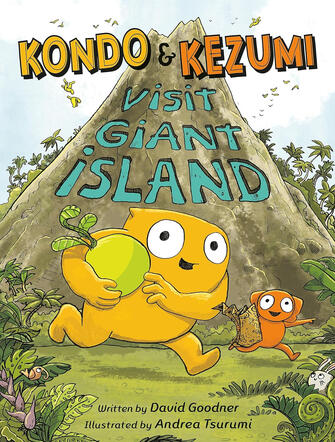 Two creatures, one big and one little, named Kondo and Kezumi, run past a volcano on an island. Kondo holds a melon.